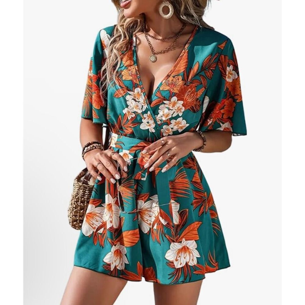 NEW V Neck Short Sleeve Wide Leg Shorts Jumpsuit XL NO BELT